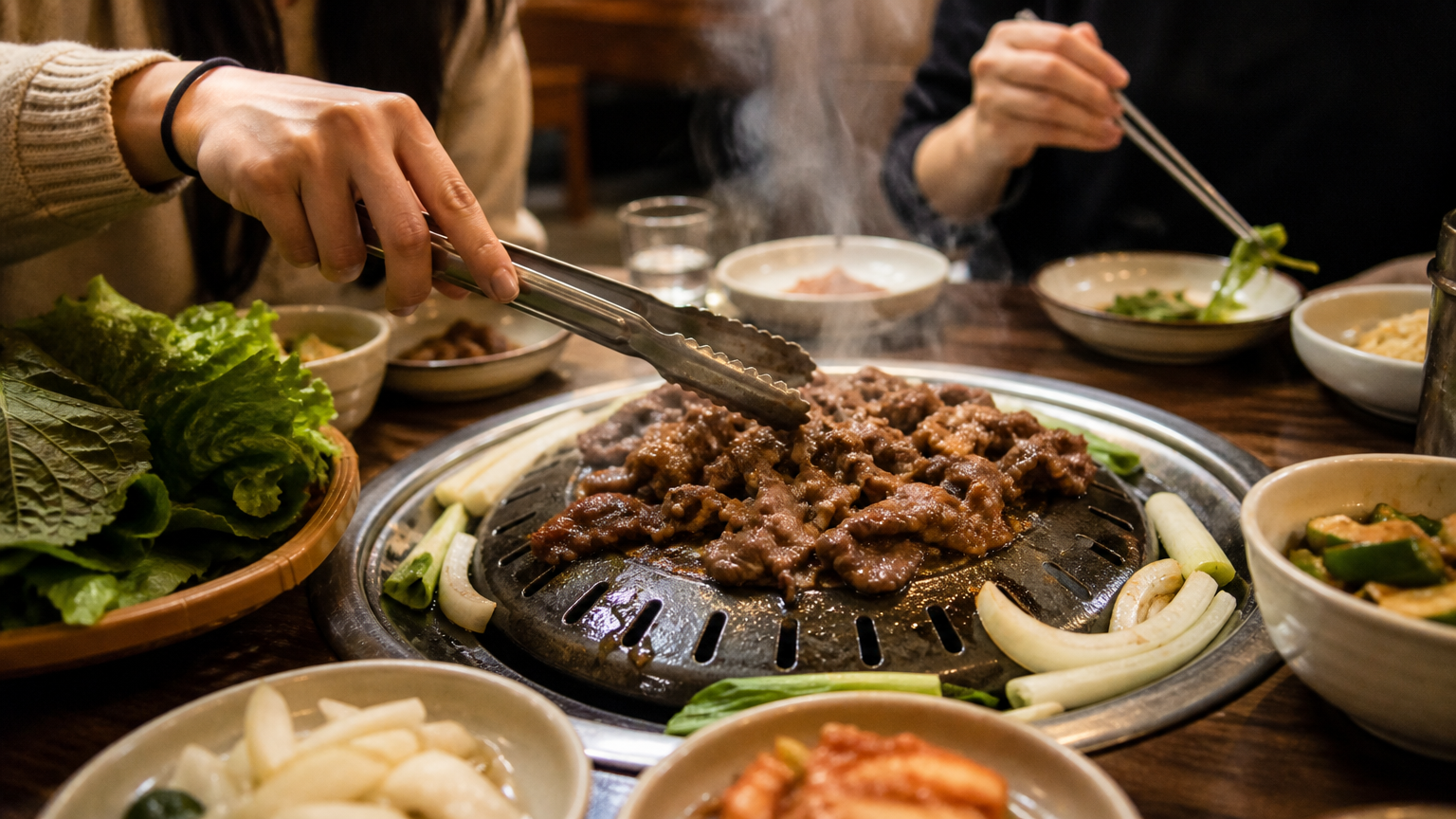 Bulgogi on the table grill. The bulgogi places keep their own street, for a longer and later dinner.