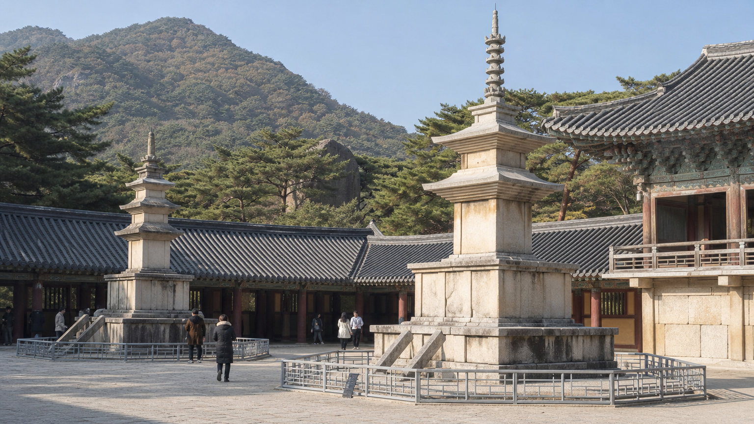 The courtyard at Bulguksa. Here you are inside the thing, walking between the pagodas.
