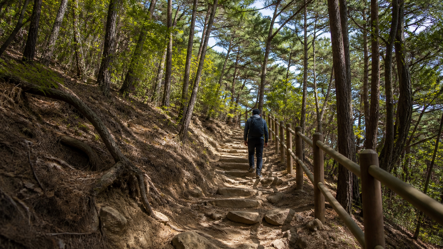 The walking route up through the woods. A genuine mountain path rather than a landscaped walkway.