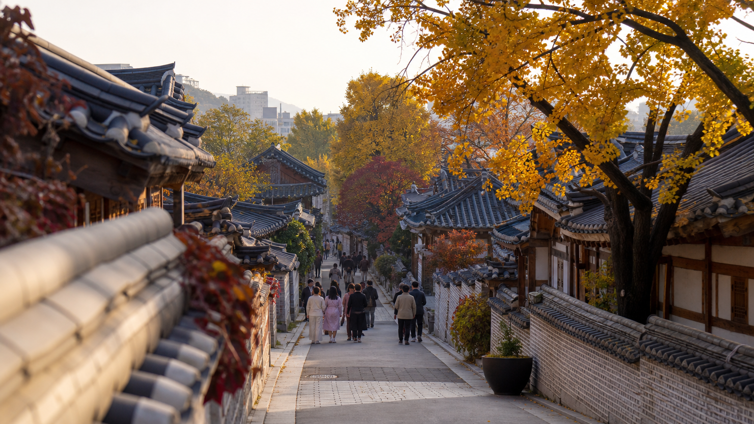Jeonju Hanok Village. The roof lines look older than the houses are.
