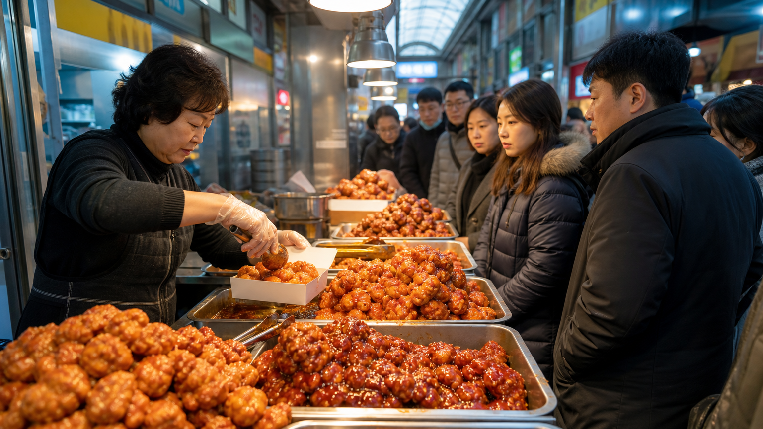 The dakgangjeong queue that absorbs the whole visitor budget for this market.