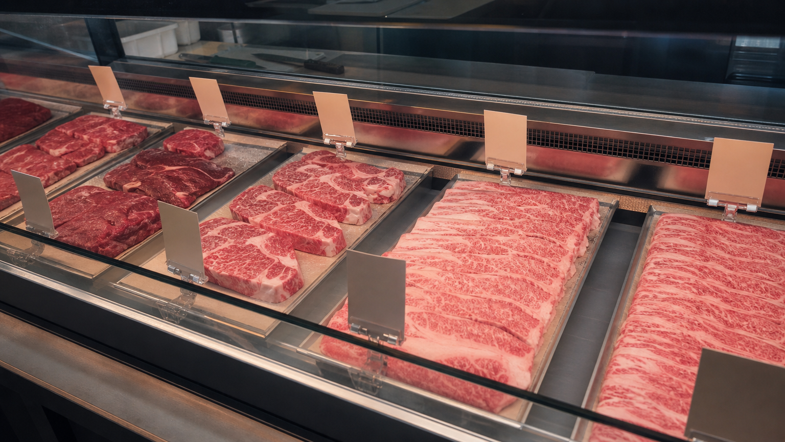 Different marbling, side by side at a Korean butcher counter. Illustration by Jeong, Korea
