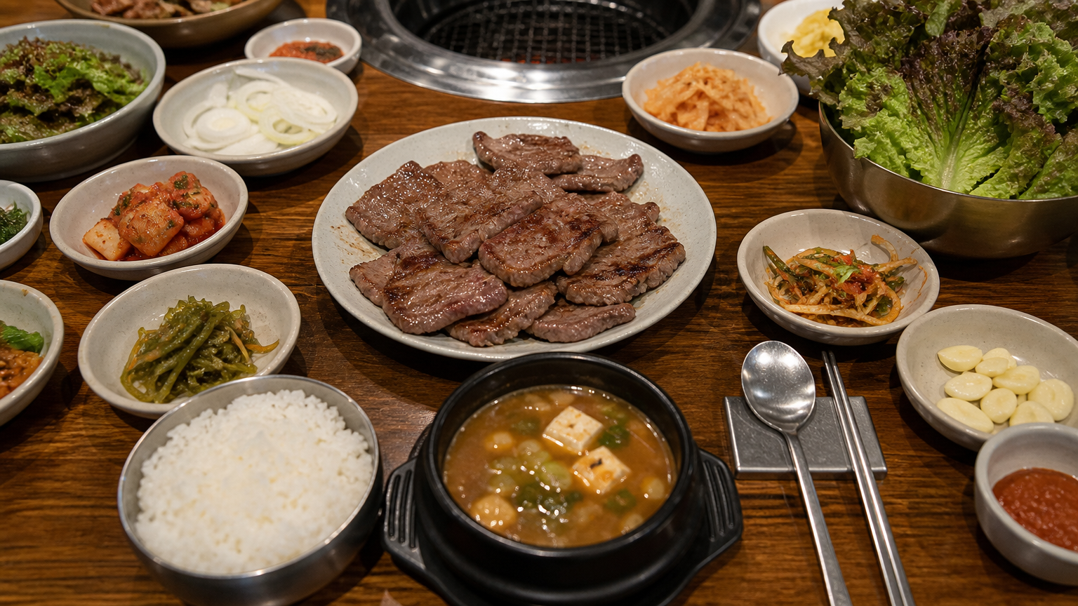 A Korean beef table, banchan and all. Illustration by Jeong, Korea