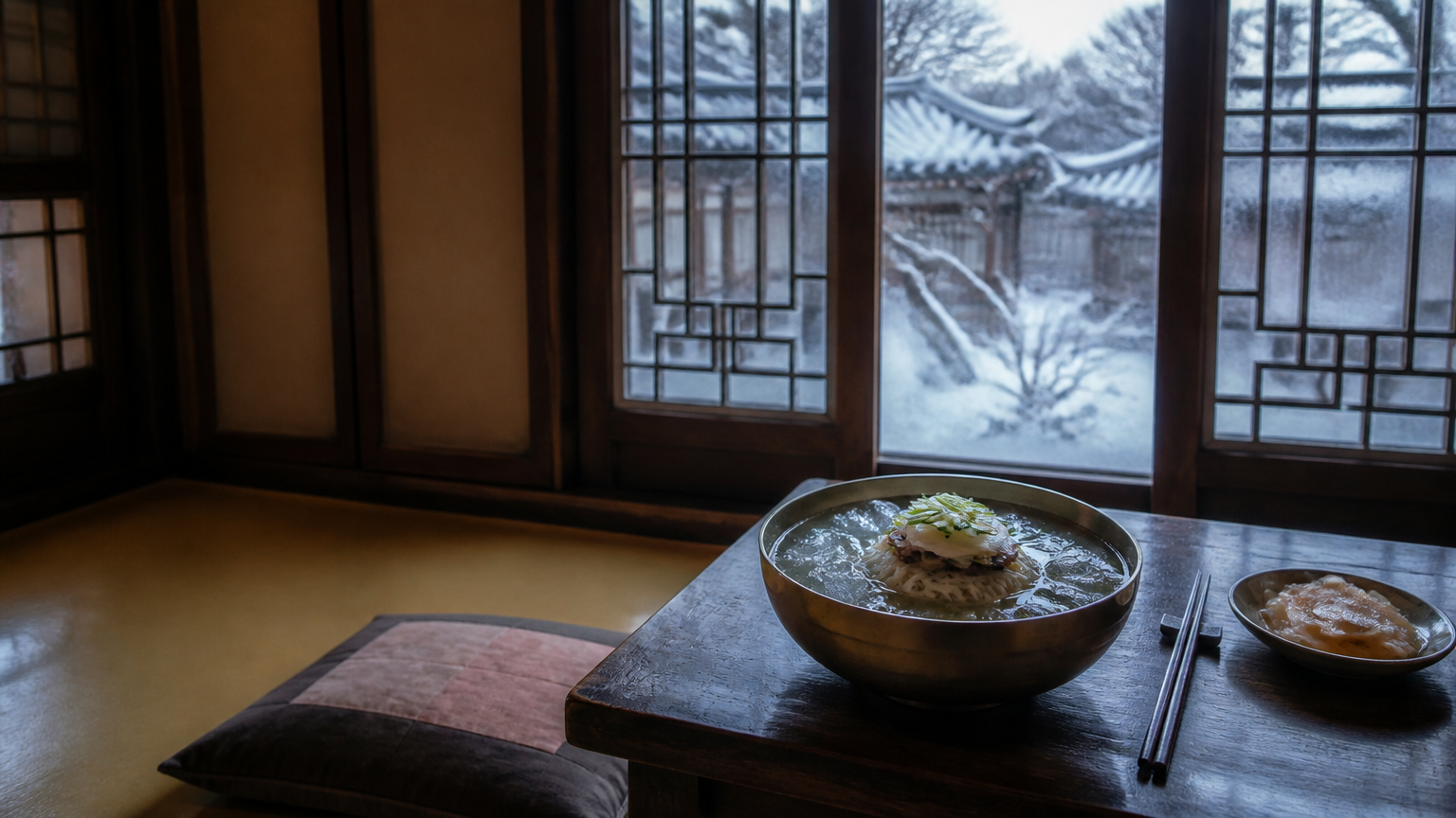 Icy noodles on a heated floor in deep winter. Illustration by Jeong, Korea