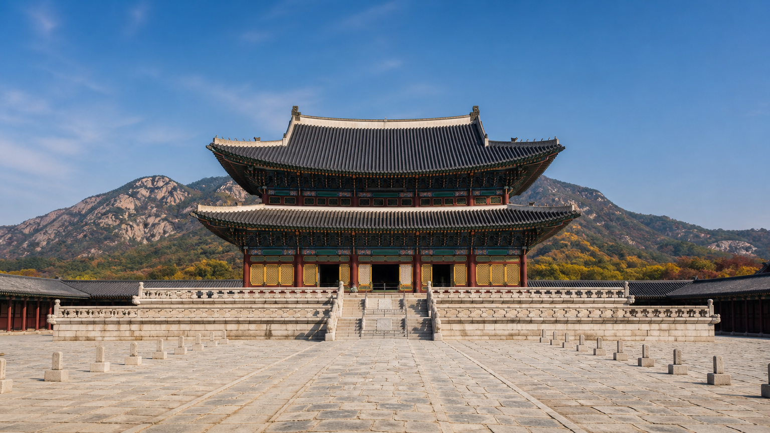 A Korean royal palace throne hall with the mountain ridge behind it. Illustration: Jeong, Korea