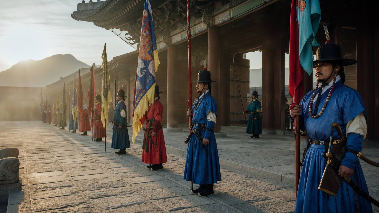 Ceremonial guards at a palace gate in the early morning. Illustration: Jeong, Korea