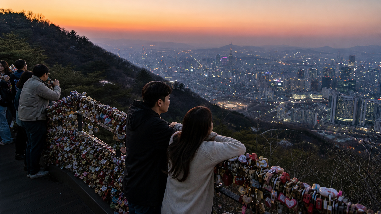 The padlock railings and the city view sit at the base of the tower. Illustration: Jeong, Korea