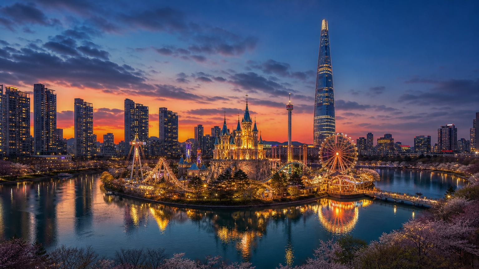 The lit island park on the lake, with the district's towers behind it. Illustration: Jeong, Korea