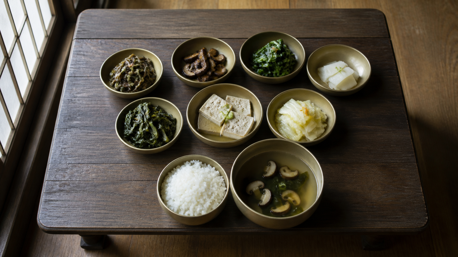 A temple food table: rice, a kelp and mushroom broth, and side dishes built without any animal from the start