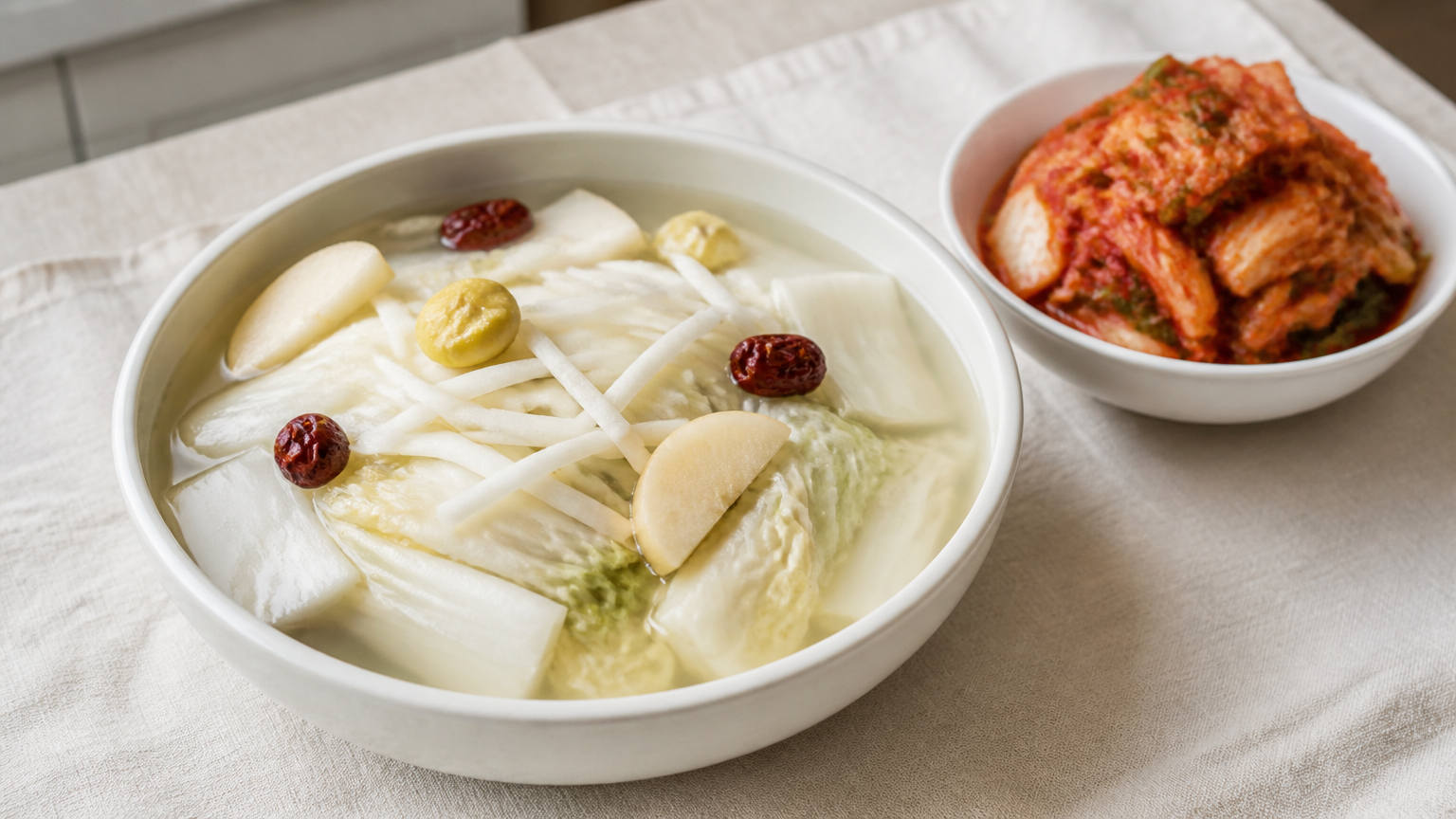 Baek-kimchi, the white kimchi, next to the ordinary red kind. The pale one is often made without jeotgal