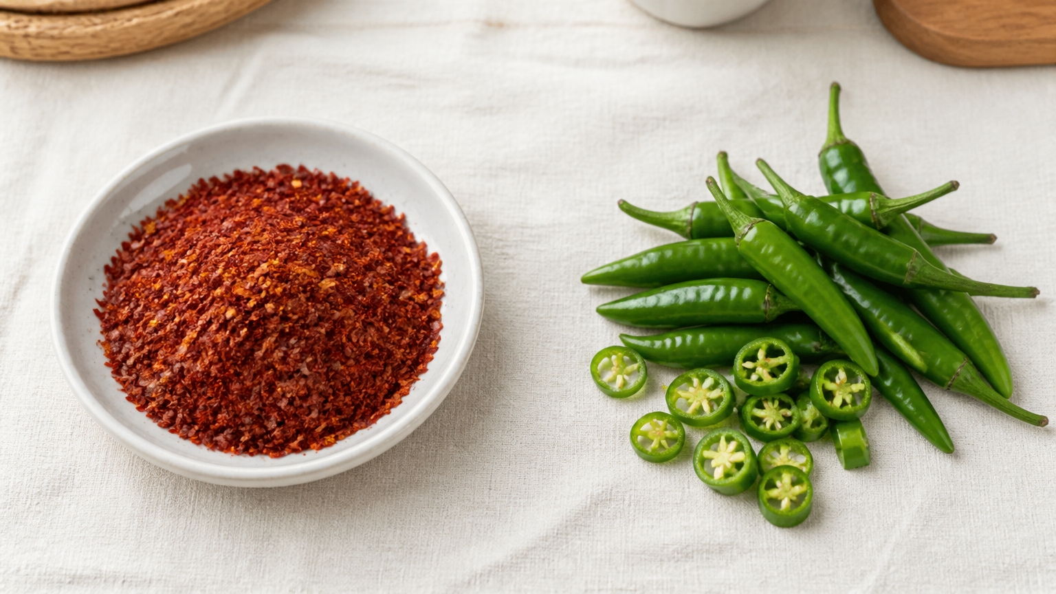 Gochugaru on the left, fresh cheongyang peppers on the right. Two ingredients, two kinds of heat