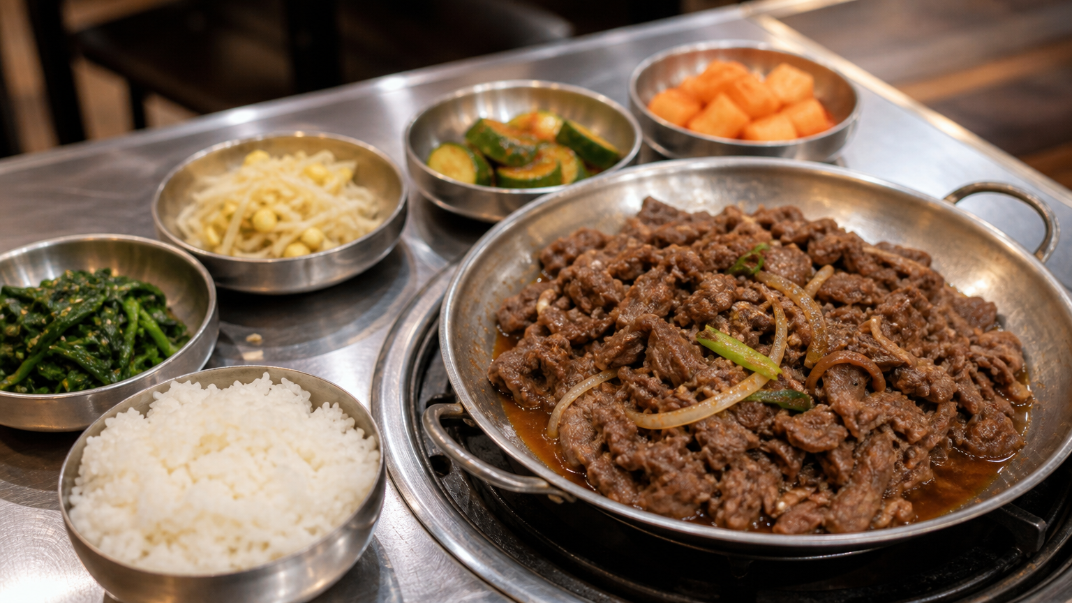 A Korean table built around beef rather than pork, with rice and side dishes