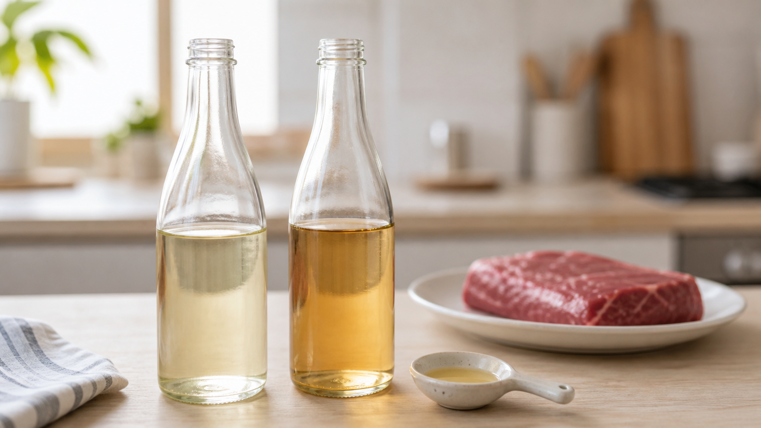 Cooking wine on a Korean kitchen counter. It goes in before the dish reaches the table
