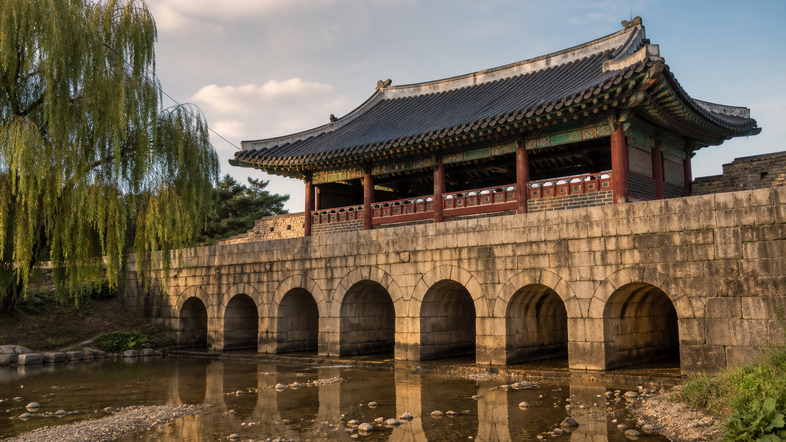 Hwahongmun, the north water gate — one of only two drama locations on the fortification. Illustration.