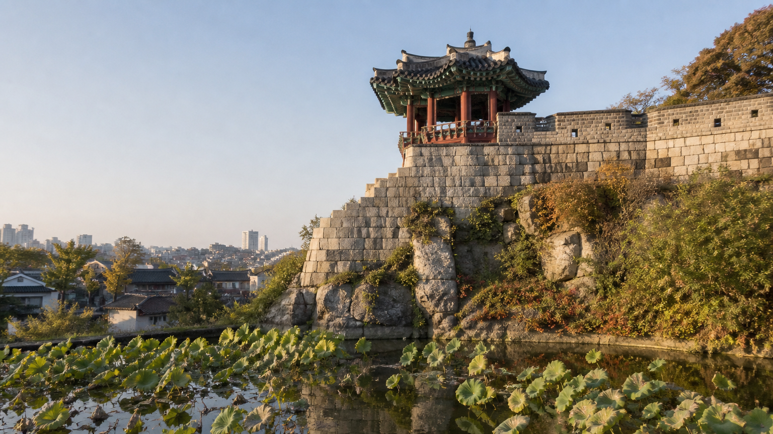 Banghwasuryujeong, the northeast pavilion, on the stretch of wall worth walking. Illustration.