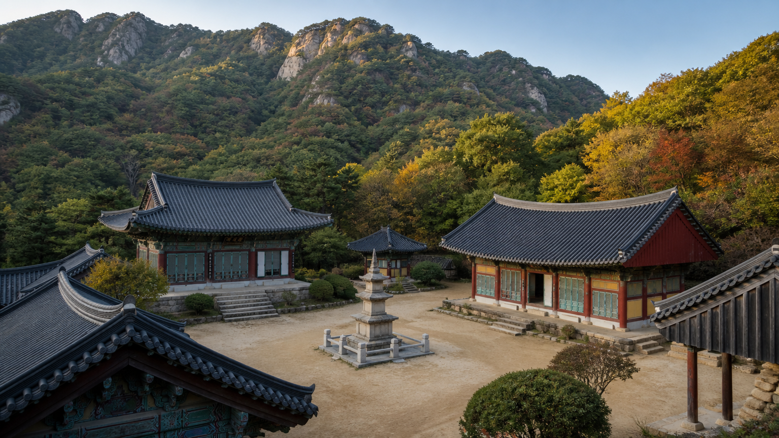 A Korean mountain temple compound — the setting most people picture. Illustration.