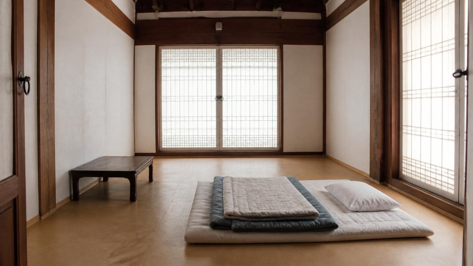 A temple guest room — a floor, a mat and a low table. Illustration.