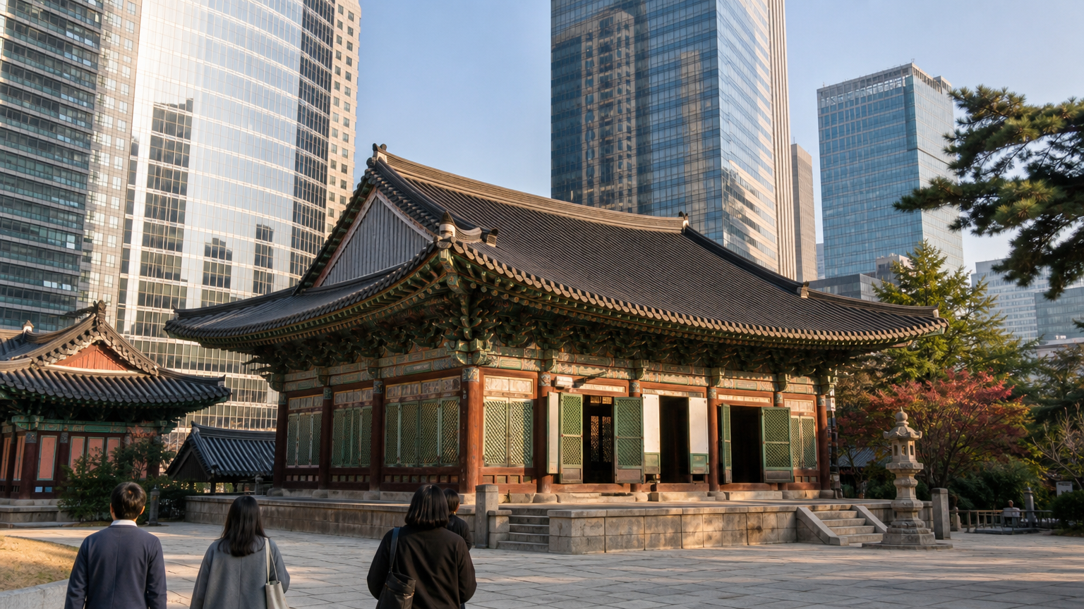 Temples inside Seoul take part too, towers and all. Illustration.
