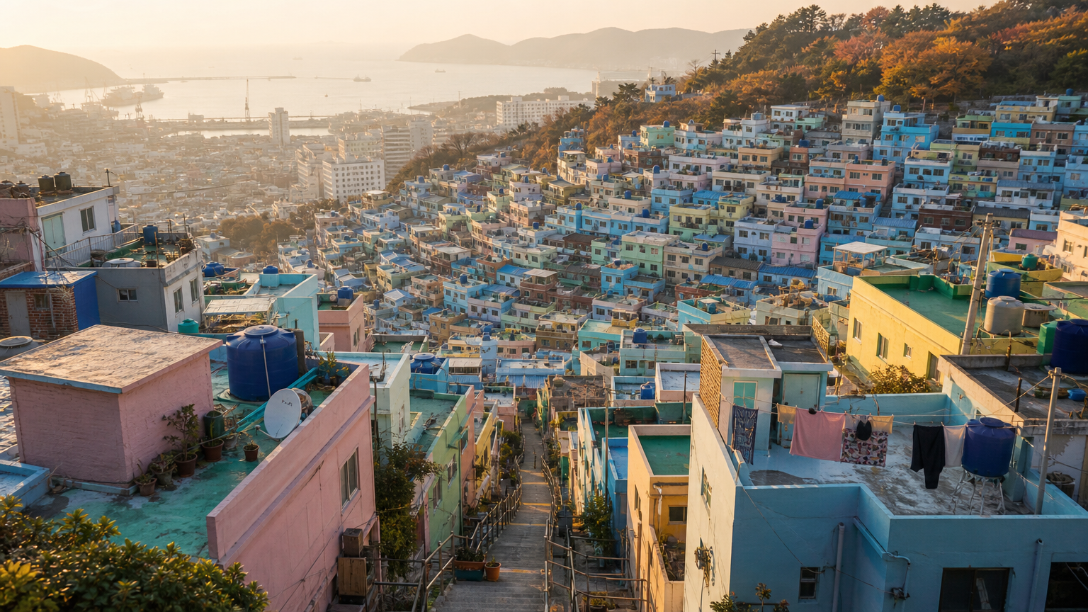 A Busan hillside neighbourhood at the end of the afternoon. Illustration.