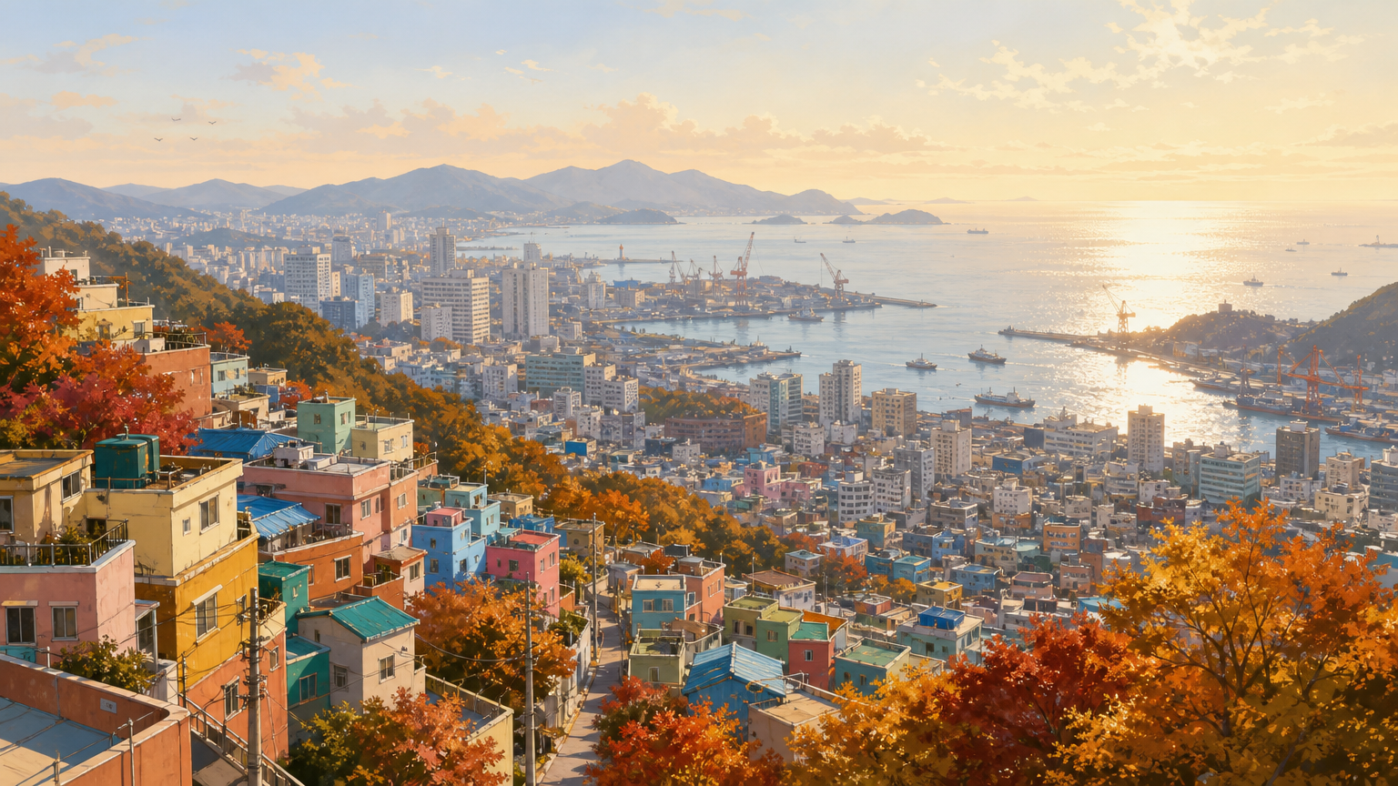 The ridge view towards the harbour in late afternoon light. Illustration.
