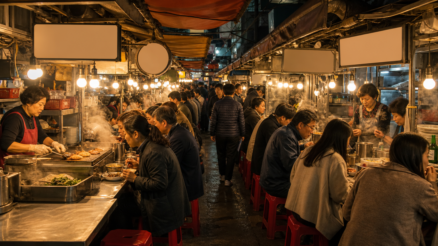 A covered market food alley in Seoul in the evening. Illustration.