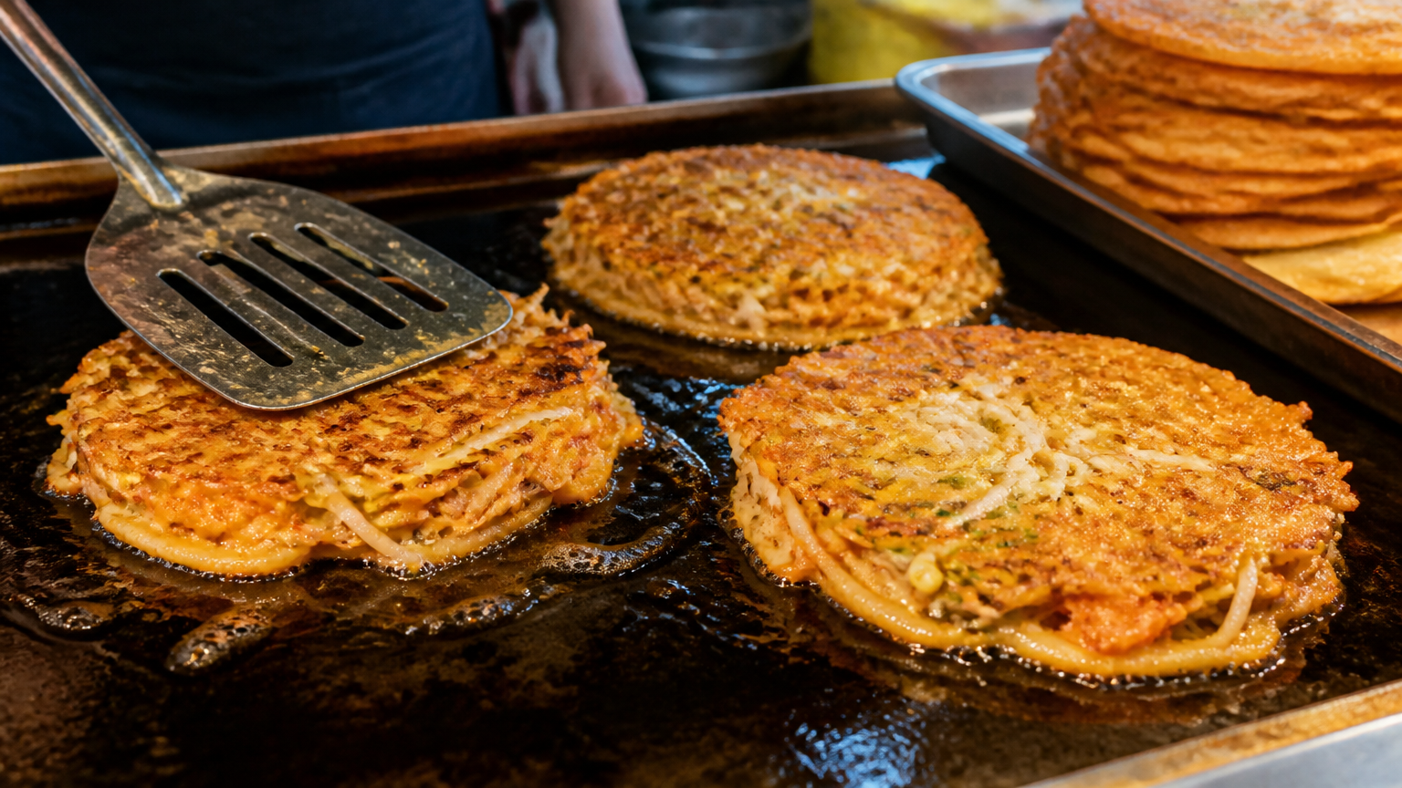Bindaetteok on the griddle, ground and fried to order. Illustration.
