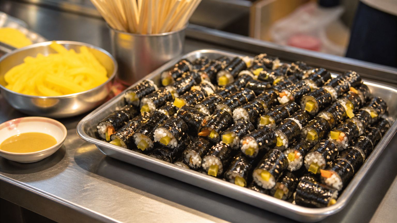 Mayak gimbap with its mustard-soy dip. Illustration.