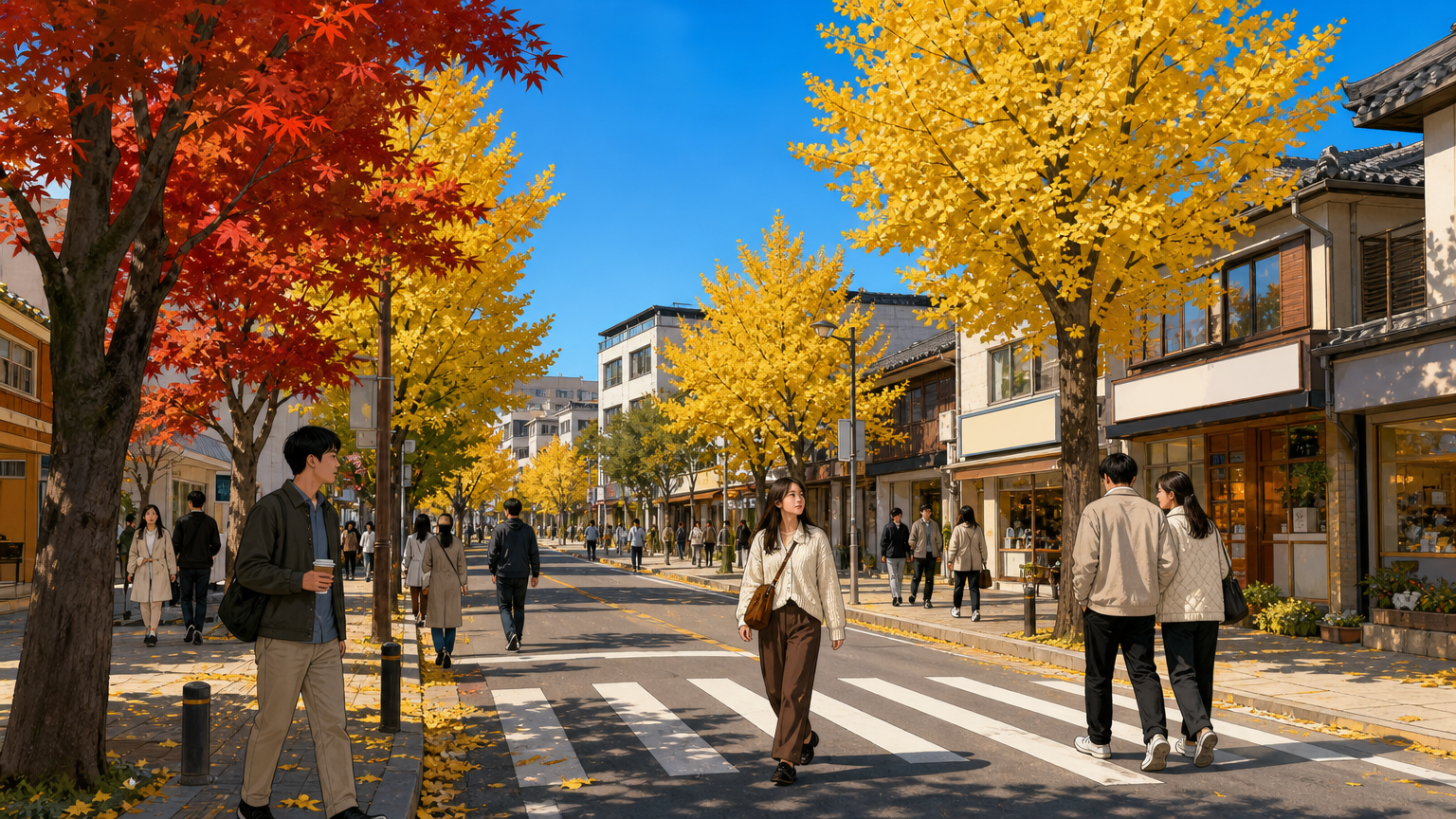 A Seoul street in mid-October, ginkgo turning. Illustration.