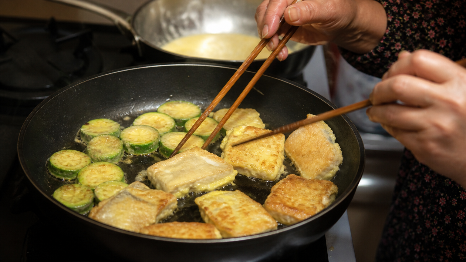Jeon: vegetables and fish in egg batter, pan-fried at home