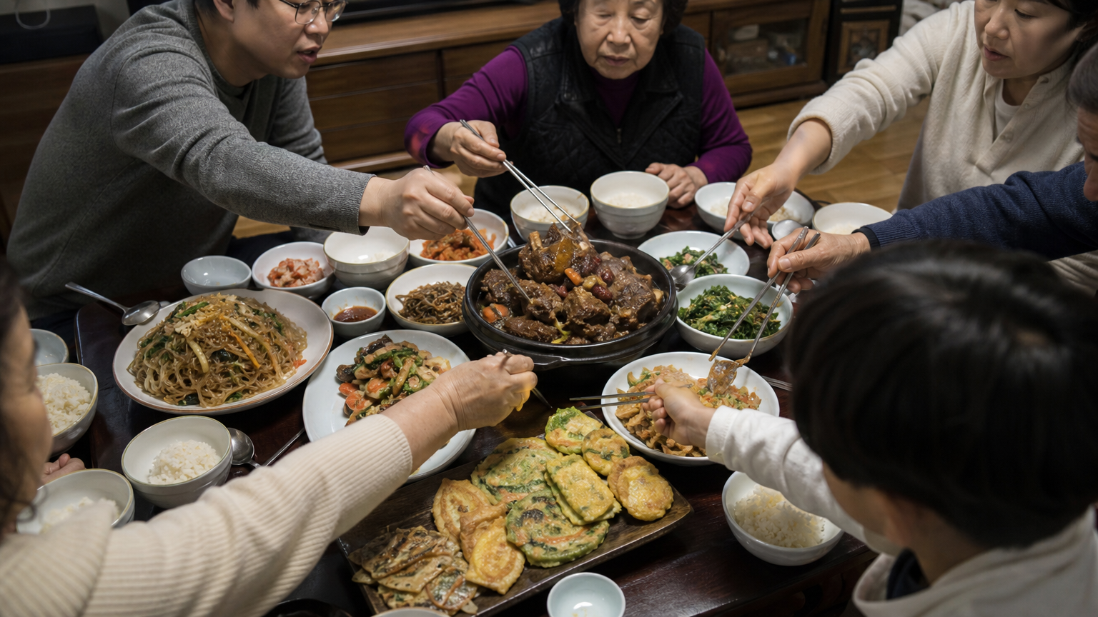 What the family actually fills up on: galbijjim and japchae