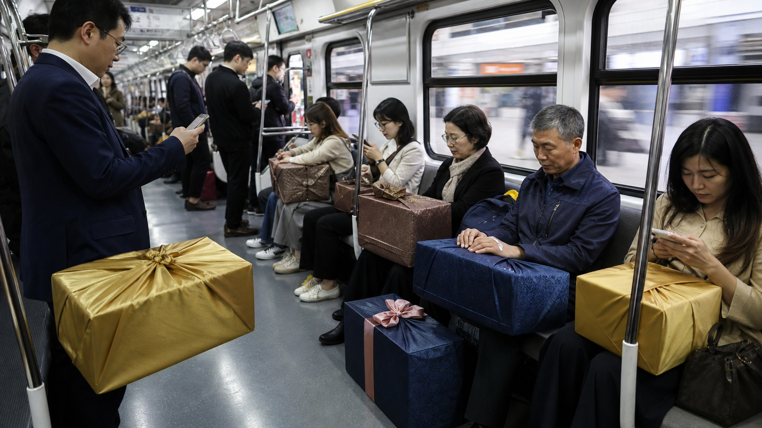 Gift boxes travel by subway in the days before the holiday