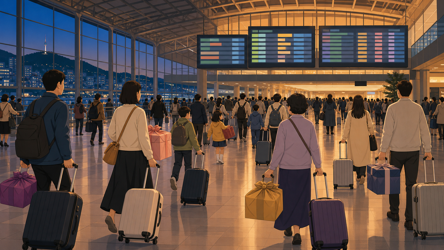 Seoul Station on the evening before the holiday. Illustration.