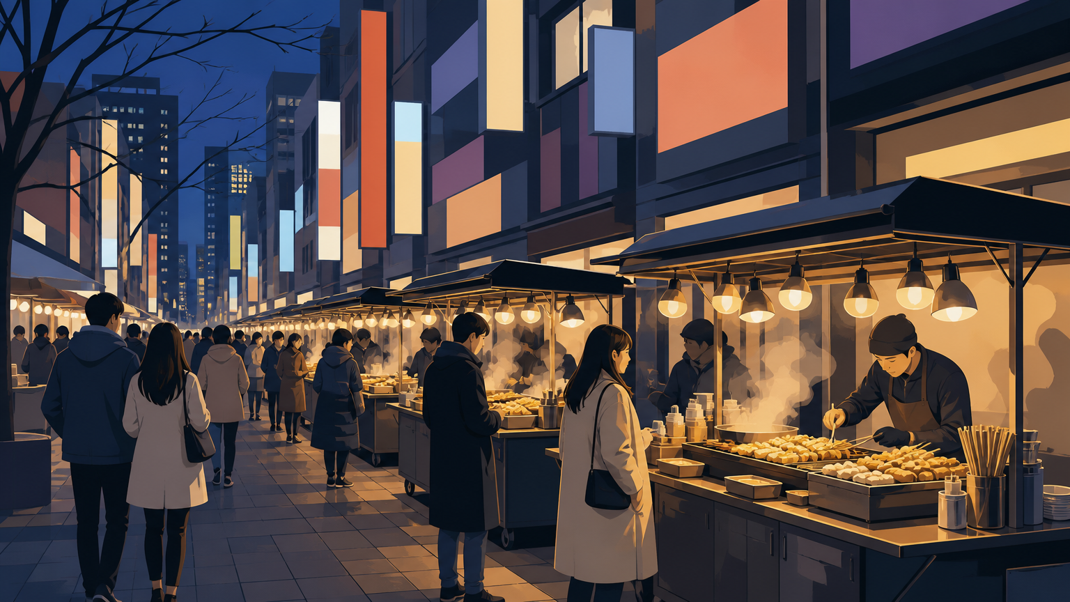 A Myeongdong evening, carts open on every side. Illustration.