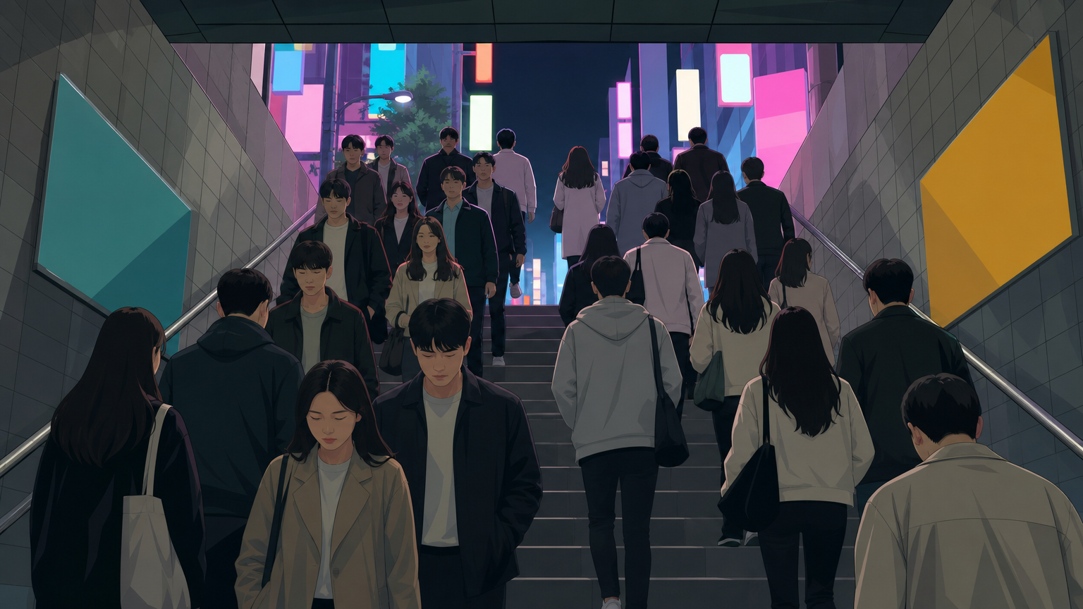 Exit 9 at night, both directions at once, no escalator. Illustration.