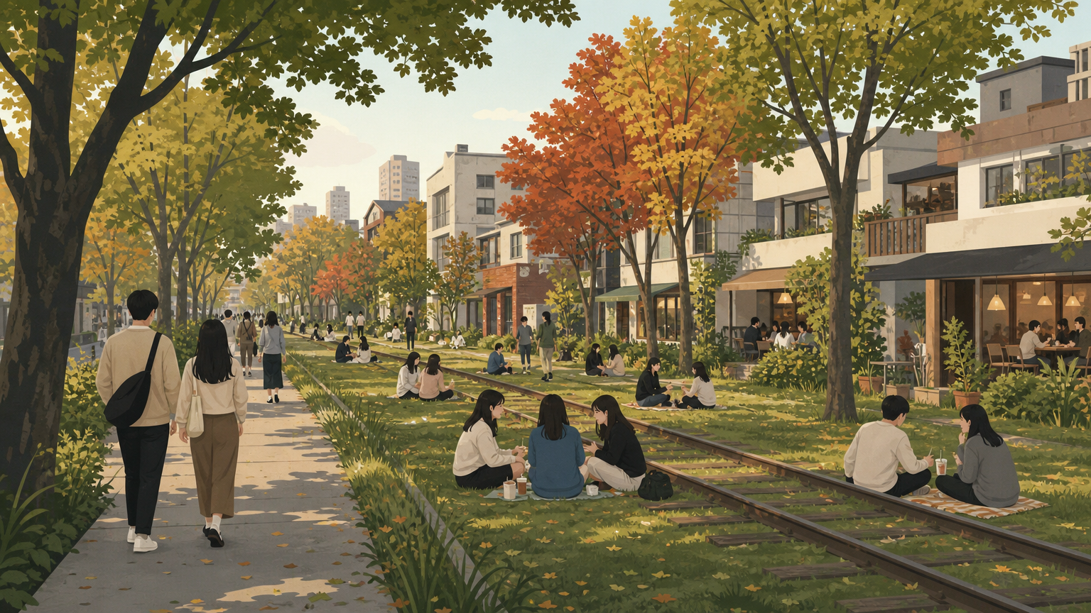 The Gyeongui Line Forest Park at Yeonnam-dong, built on the old track bed. Illustration.