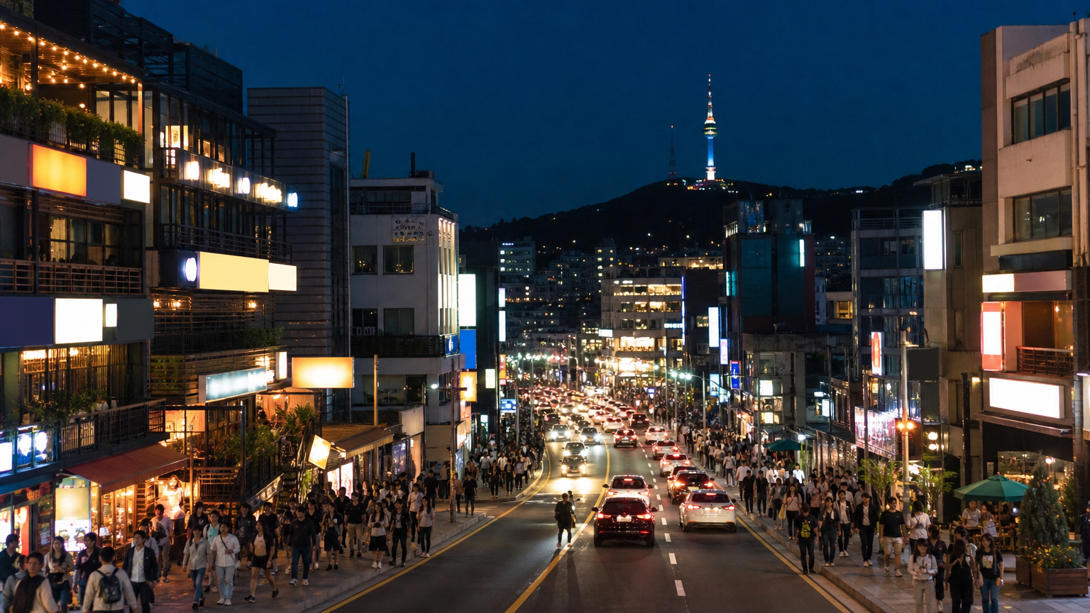 Itaewon-ro at night, the strip under Namsan. Illustration.