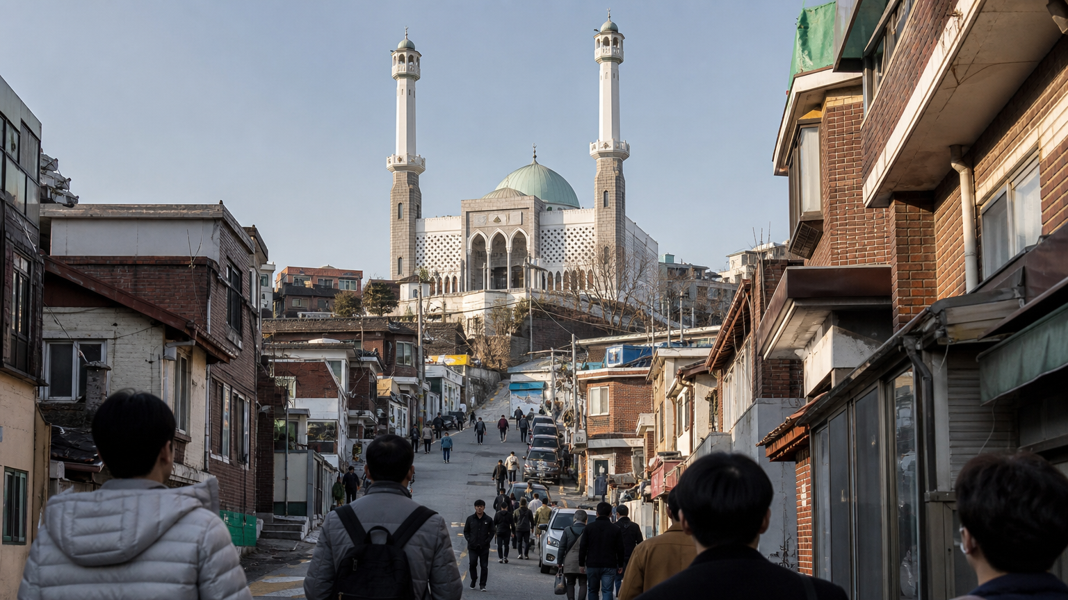 Seoul Central Masjid at the top of the hill above Itaewon-ro. Illustration.