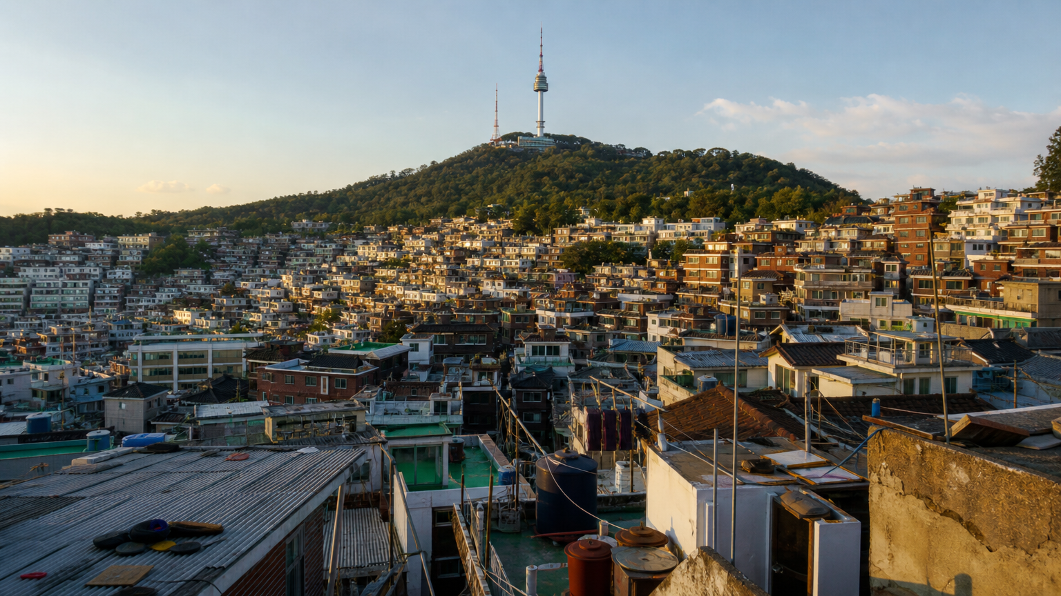 Haebangchon rooftops under Namsan. Illustration.