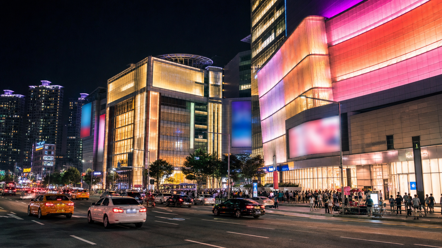 The Dongdaemun retail malls at night. Illustration.