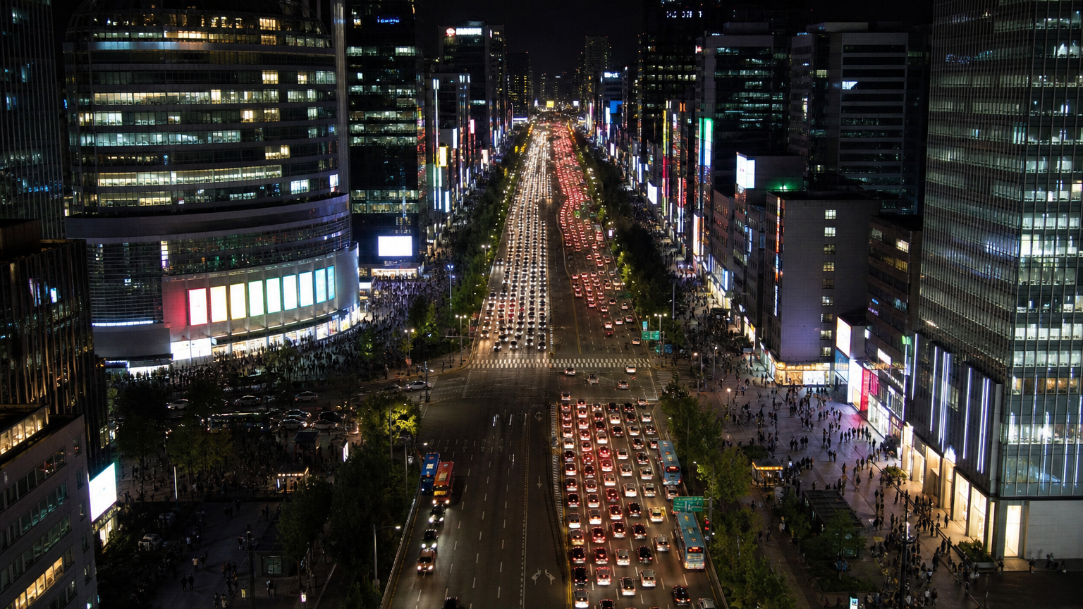 Gangnam-daero at night. The road down the middle is the district boundary. Illustration.