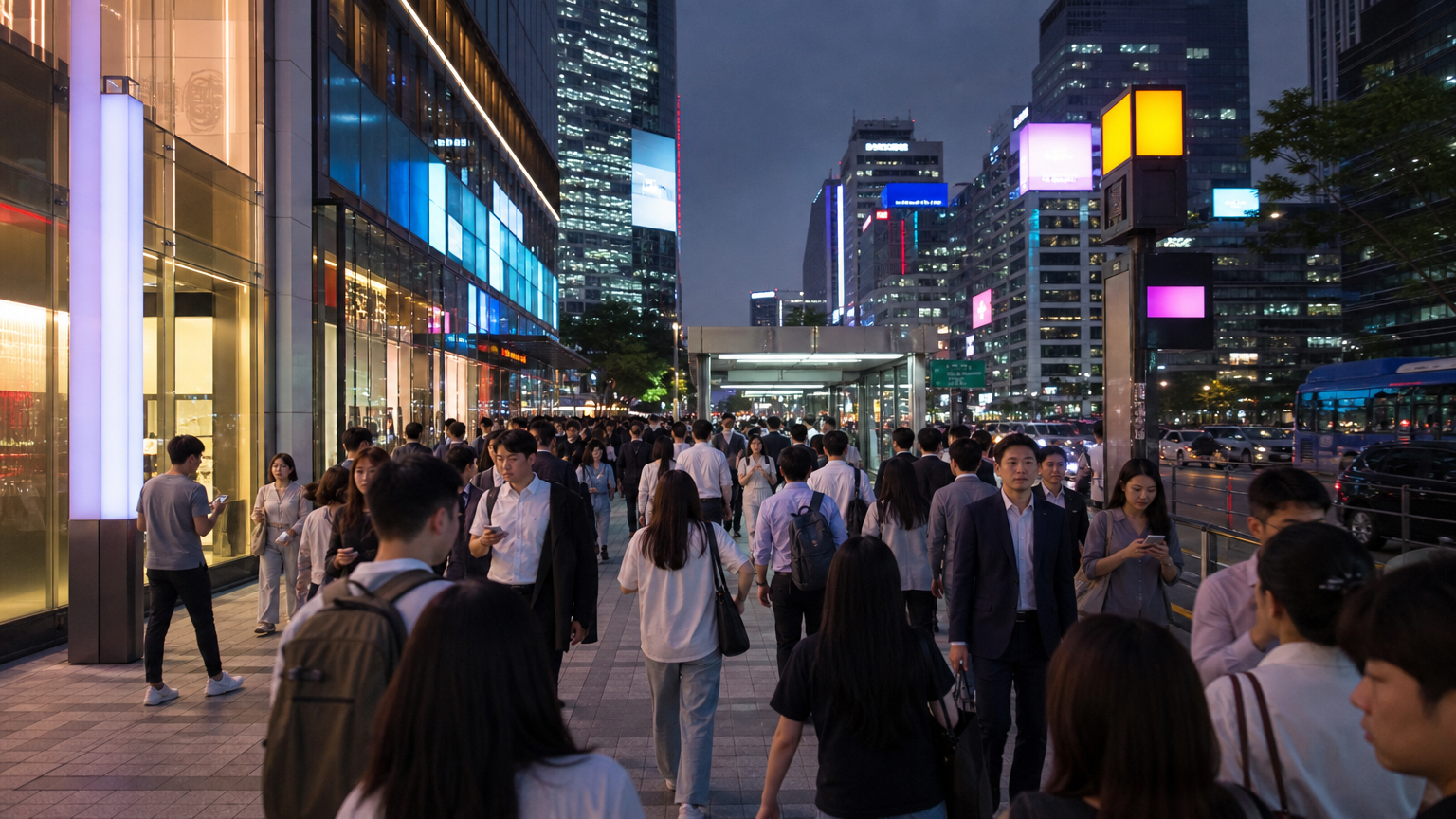 Outside Gangnam Station on a weekday evening. Illustration.