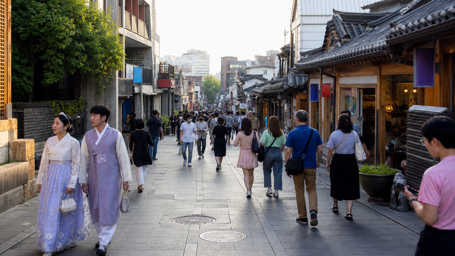 Insadong-gil on a weekend afternoon. Illustration.