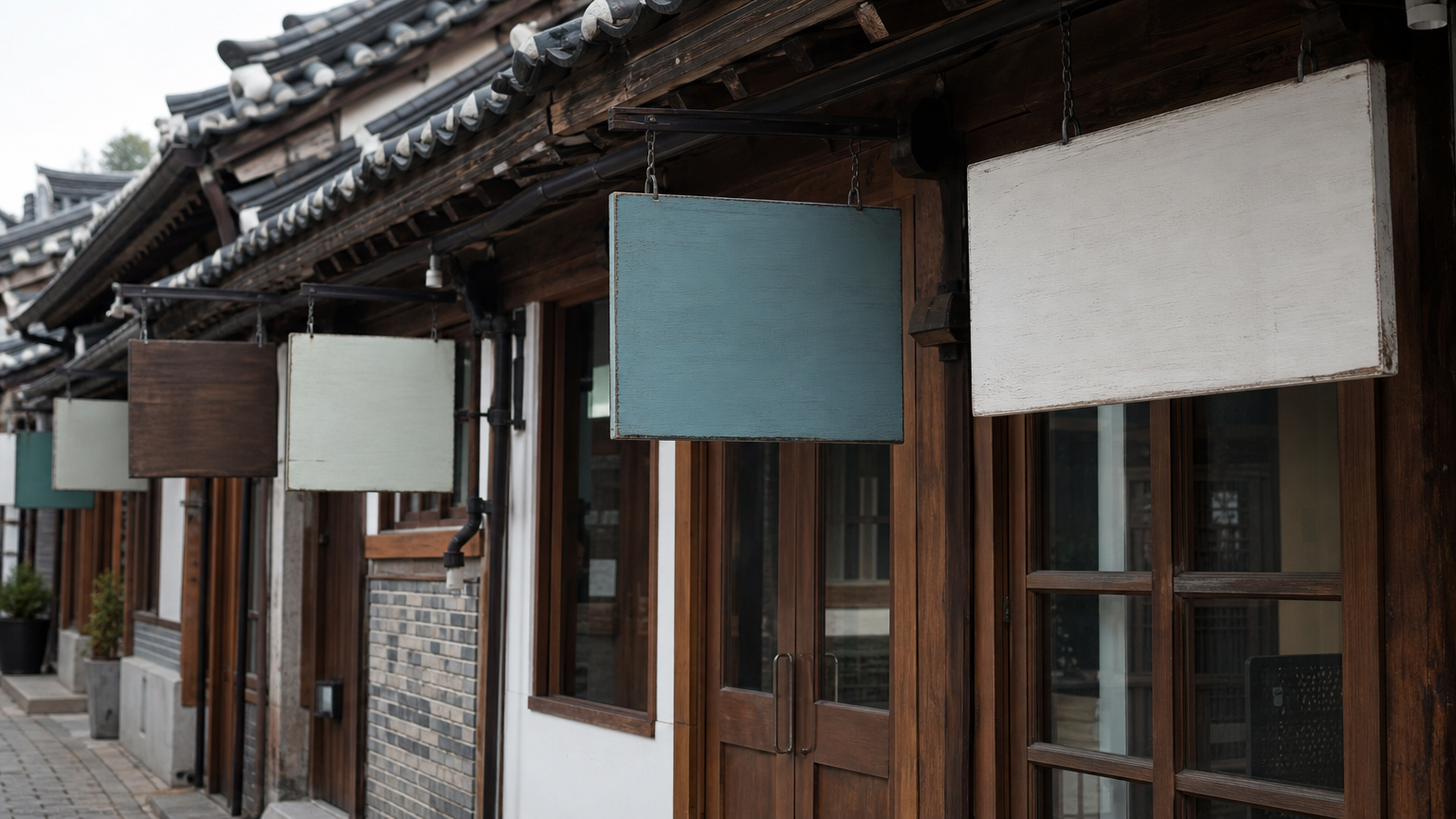 Hanging shop signboards in the old quarter. Illustration.