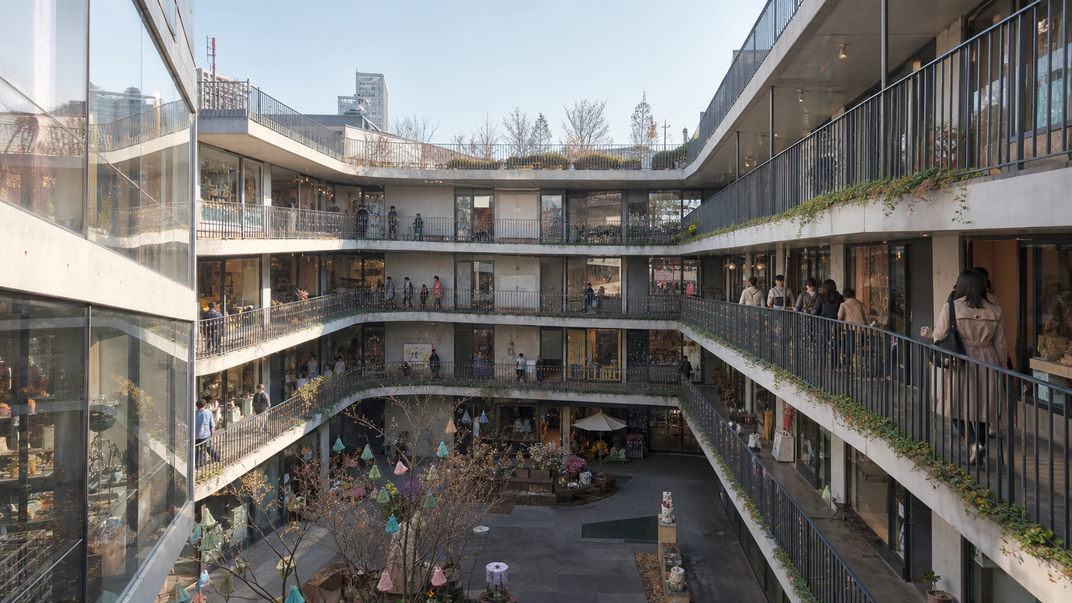 Ssamziegil, built around a ramp that spirals up through the building. Illustration.
