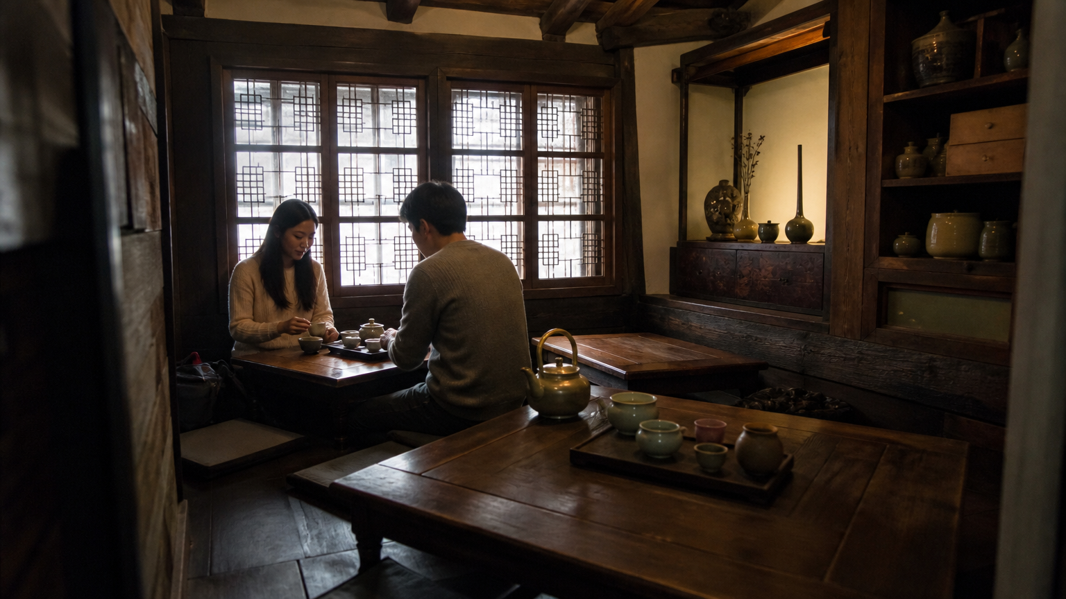 A tea house in one of the side alleys. Illustration.