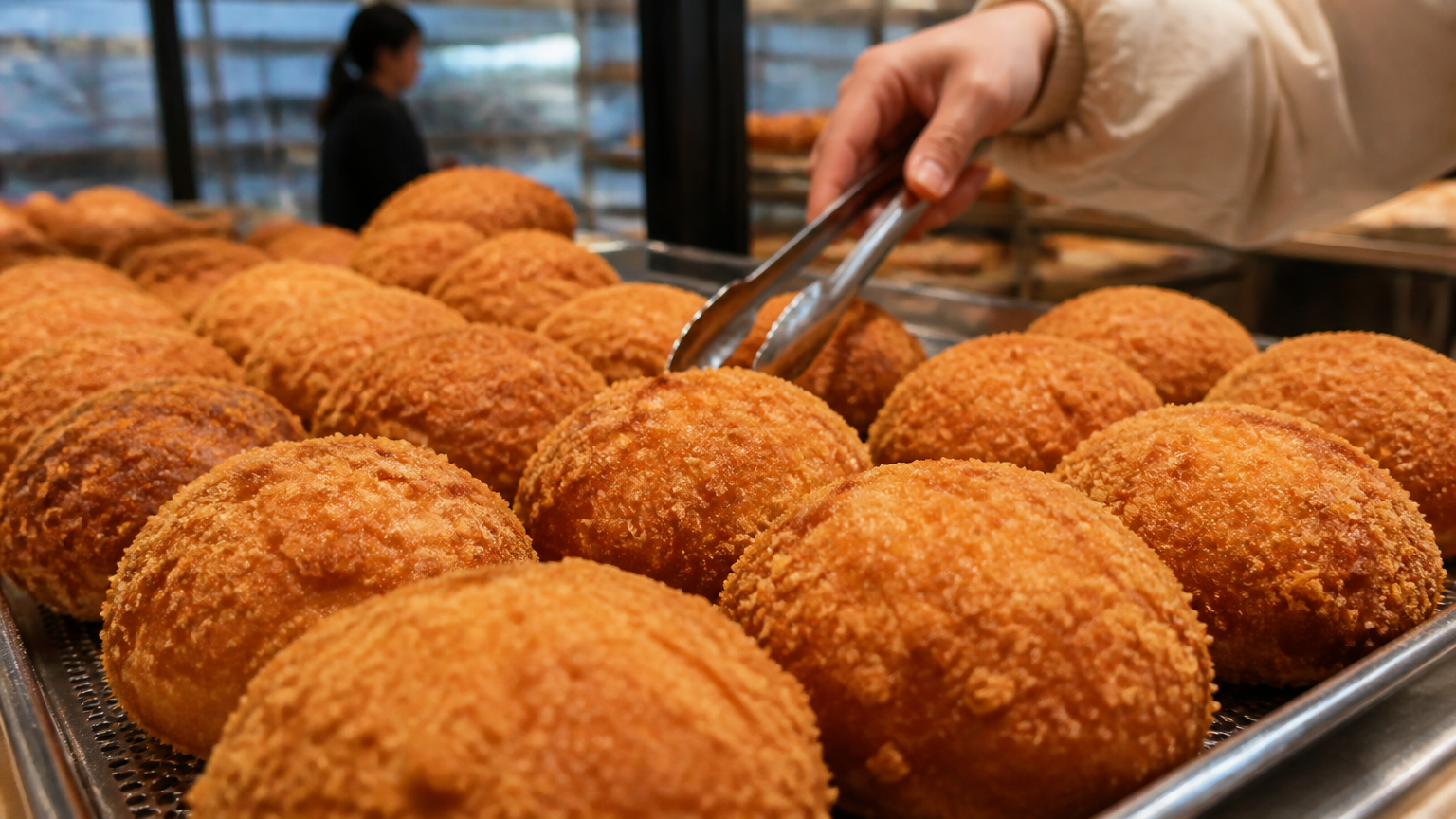 AI-generated illustration of fried streusel buns on a bakery tray, not a Sungsimdang product photo