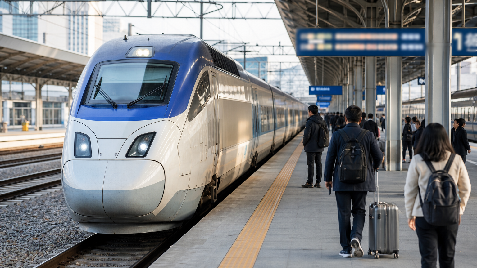 A KTX at a Korean platform. AI-generated illustration.