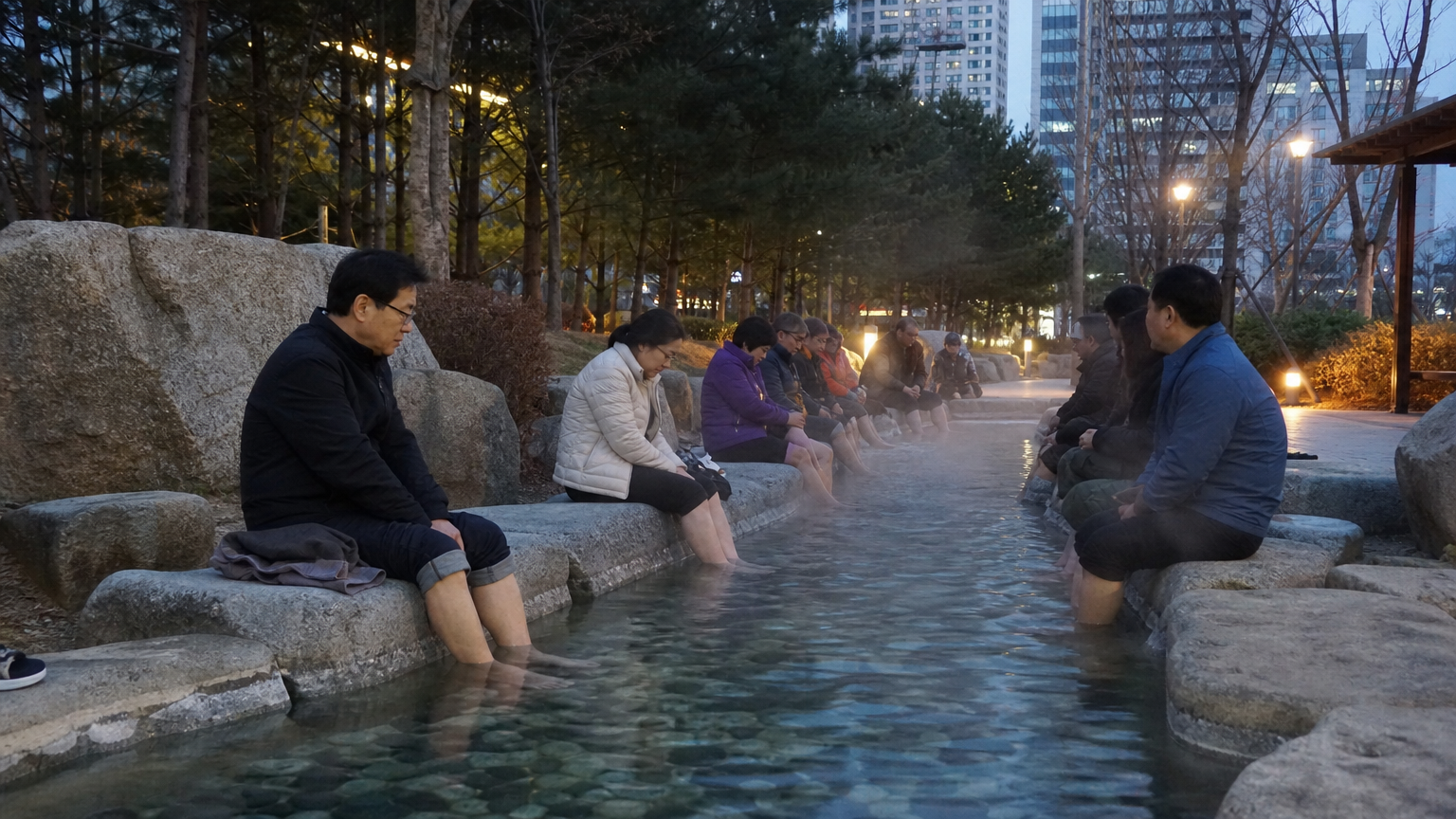 Illustration: an outdoor hot spring foot bath in a city park in the evening.