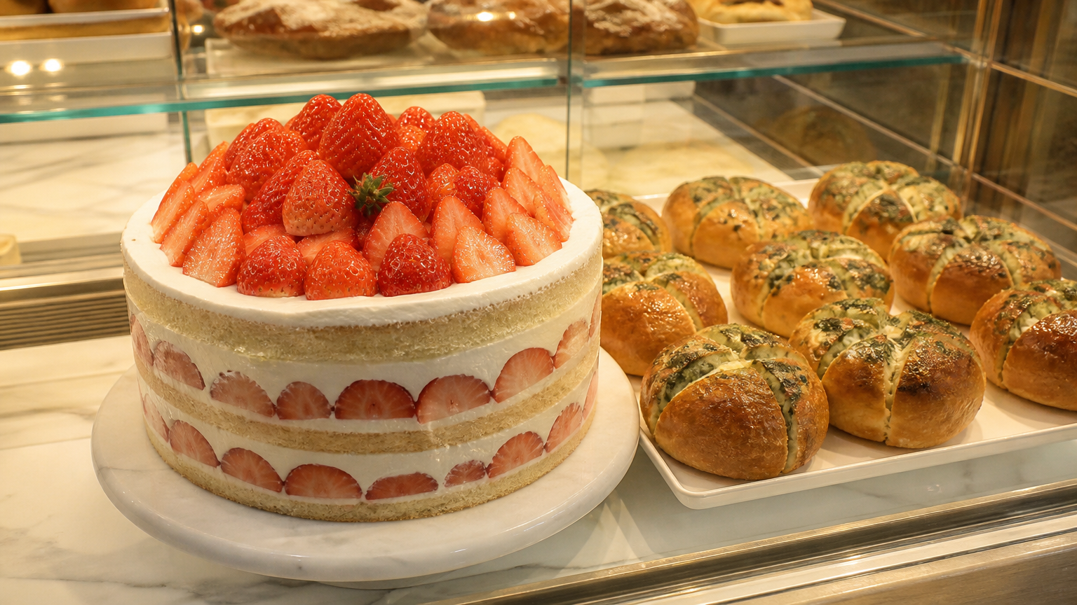 AI-generated illustration of a strawberry cake and chive buns, not a Sungsimdang product photo