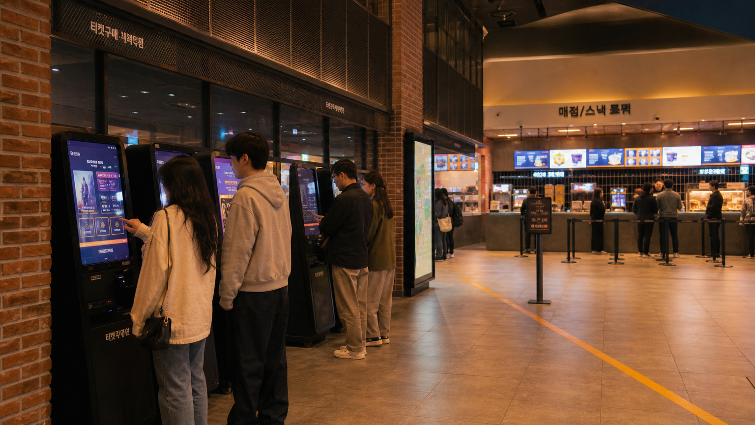 AI-generated illustration: a cinema lobby in Seoul with ticket kiosks and a snack counter